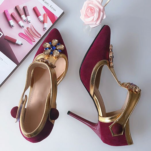 women rhinestone scarpin jewel suede flower female crystal high heels shoes luxury pointed toe pumps wine red t strap diamond - LiveTrendsX