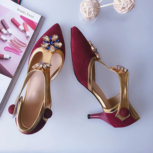 women rhinestone scarpin jewel suede flower female crystal high heels shoes luxury pointed toe pumps wine red t strap diamond - LiveTrendsX