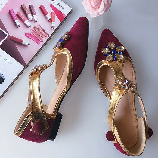 women rhinestone scarpin jewel suede flower female crystal high heels shoes luxury pointed toe pumps wine red t strap diamond - LiveTrendsX