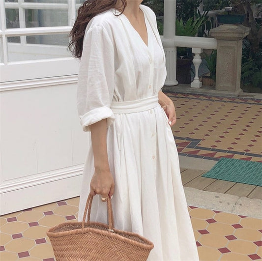 New  Women Dresses Spring Summer Cotton and Linen Elegant Pleated Long White Dresses V Neck Lace Up Bow DR1086 - LiveTrendsX