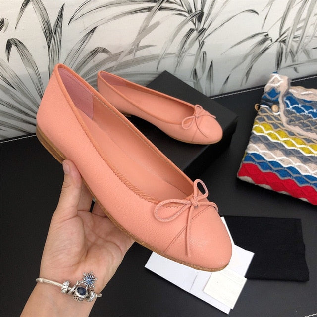 Luxury Brands Women's Shoes Comfort Round Toe Caviar Leather Women's Flats Butterfly-knot Bowtie Casual Shoes Ballet Flats 34-42 - LiveTrendsX