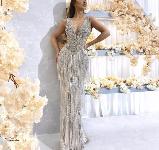 Dubai Design Grey Sexy Deep-V Evening Dresss Sequined Beading Tassel Luxury Formal Dress 2020 - LiveTrendsX