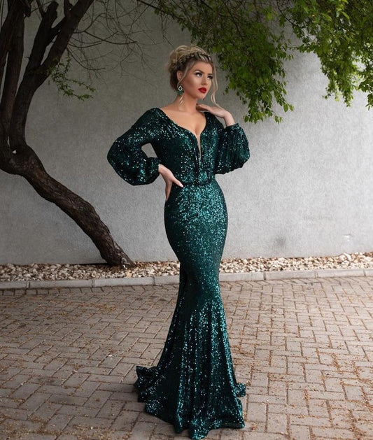 Green Muslim Evening Dresses Long 2020 V-Neck Full Sleeves Sexy Backless Formal Mermaid Evening Gowns - LiveTrendsX