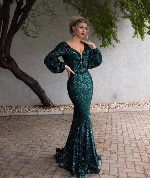 Green Muslim Evening Dresses Long 2020 V-Neck Full Sleeves Sexy Backless Formal Mermaid Evening Gowns - LiveTrendsX