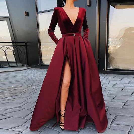 Evening Dress Long Sleeves Deep V-Neck Vestido De Festa Satin with Velour Evening Gowns - LiveTrendsX