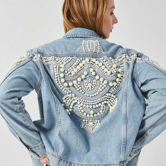 Pearls Embellished Denim Jacket for Women Light Blue Vintage Jacket Coat Bead Embroidery Autumn Winter Outwear - LiveTrendsX