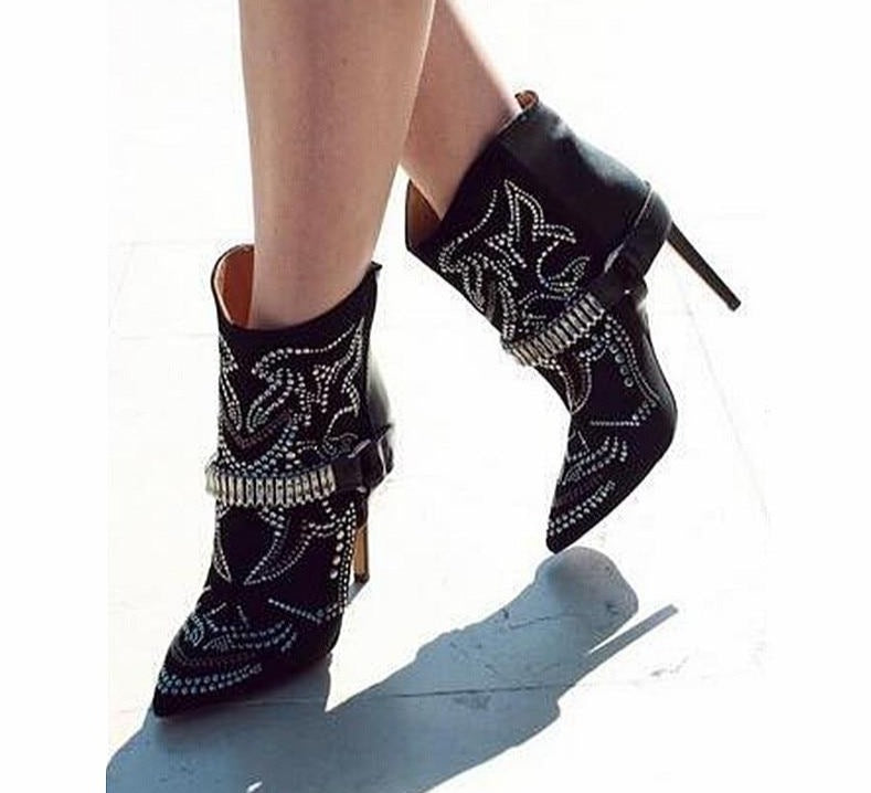 Women Embroidered Ankle Boots Pointed Toe