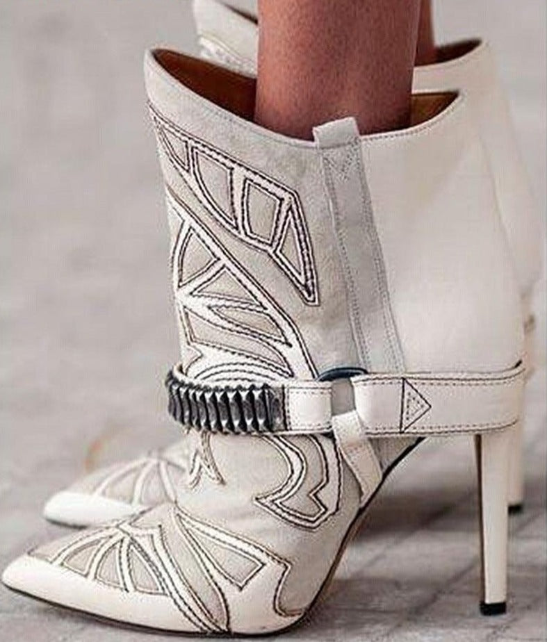 Women Embroidered Ankle Boots Pointed Toe