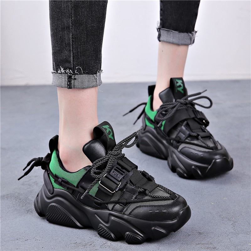 Genuine Leather Women's Mesh Breathable Platform Sneakers 2020 Fashion Women Chunky Shoes Ladies Trainers Footwear - LiveTrendsX