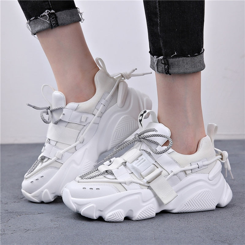 Genuine Leather Women's Mesh Breathable Platform Sneakers 2020 Fashion Women Chunky Shoes Ladies Trainers Footwear - LiveTrendsX