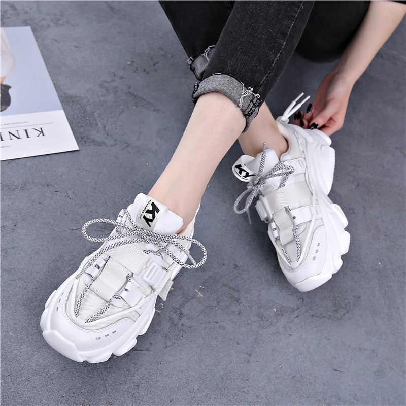 Genuine Leather Women's Mesh Breathable Platform Sneakers 2020 Fashion Women Chunky Shoes Ladies Trainers Footwear - LiveTrendsX