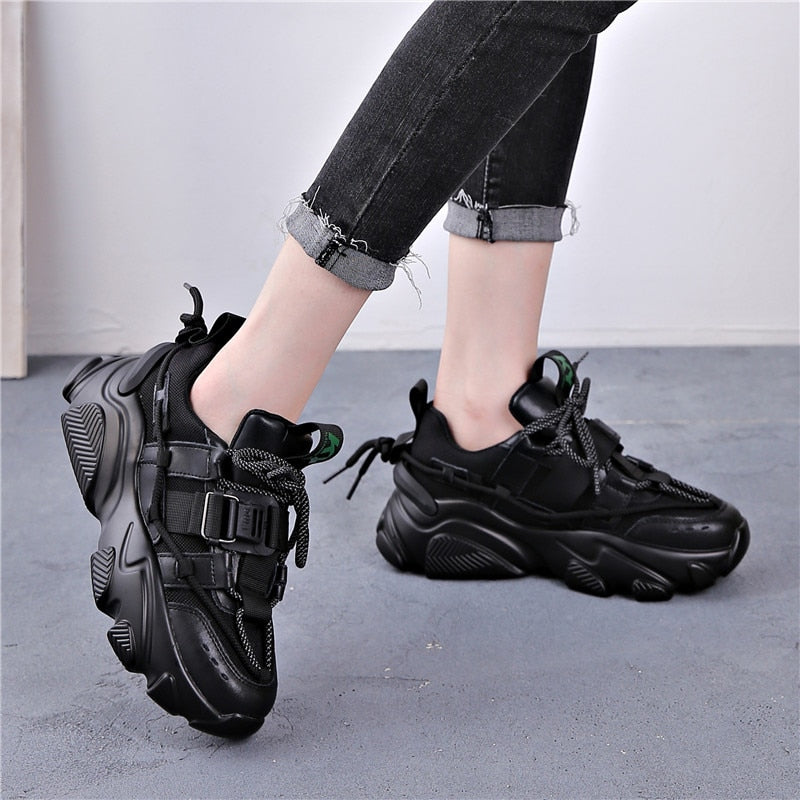 Genuine Leather Women's Mesh Breathable Platform Sneakers 2020 Fashion Women Chunky Shoes Ladies Trainers Footwear - LiveTrendsX