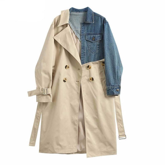 New Spring Autumn Lapel Long Sleeve Khaki Hit Color Denim Stitcing Loose Sashes Windbreaker Women Fashion Tide - LiveTrendsX