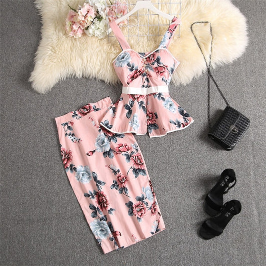 Women Blouses Outfit Knee Length Skirt Set