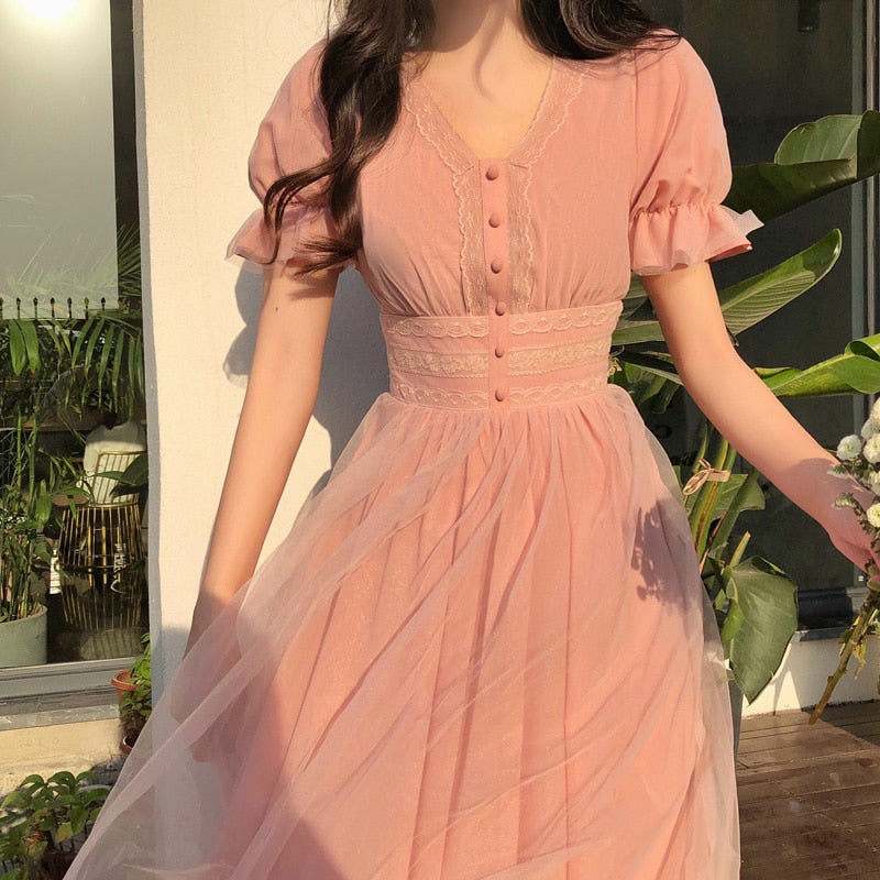 2020 New Summer Mesh Dress Female V-neck Short Puff Sleeve A-line Women Dress Slim Korean Style Mesh Elegant Vintage Vestidos - LiveTrendsX