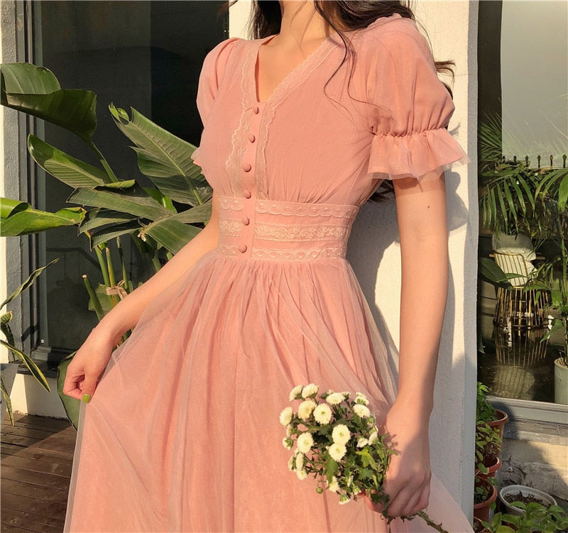 2020 New Summer Mesh Dress Female V-neck Short Puff Sleeve A-line Women Dress Slim Korean Style Mesh Elegant Vintage Vestidos - LiveTrendsX