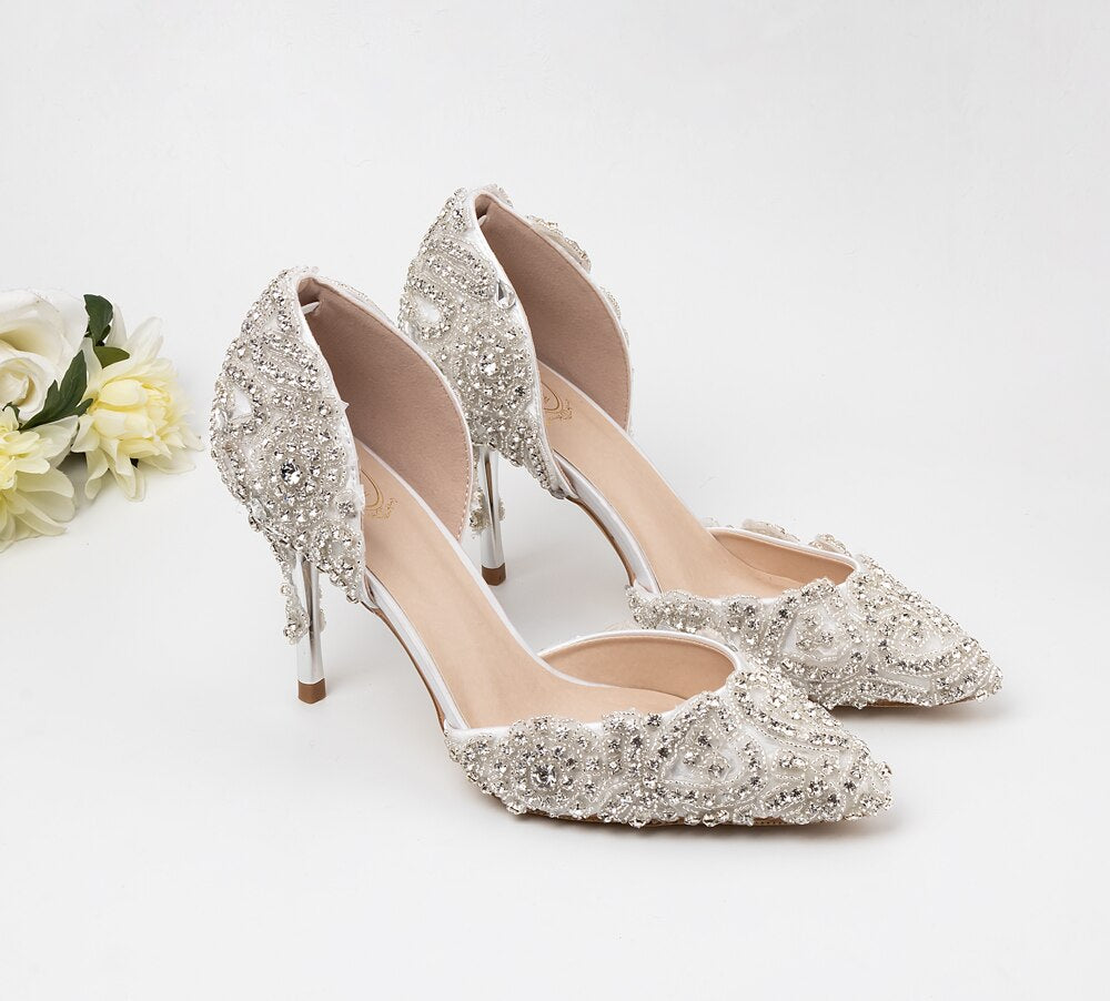 High heels silver and luxury sparkling rhinestone handmade custom wedding shoes 9cm banquet reception party ladies shoes - LiveTrendsX