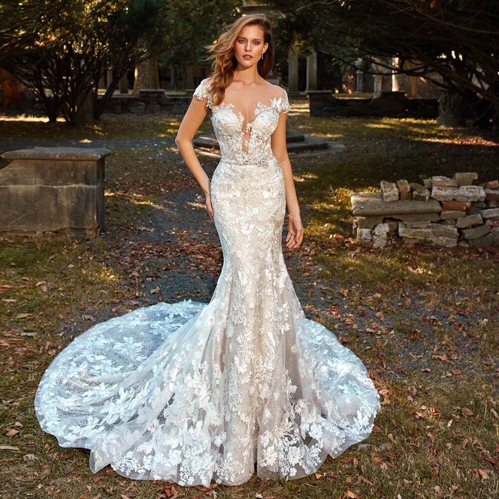 Appliques Flowers Beading Shiny Mermaid Wedding Gowns Vestido De Noiva Sereia Sexy Illusion Trumpet Wedding Dresses - LiveTrendsX