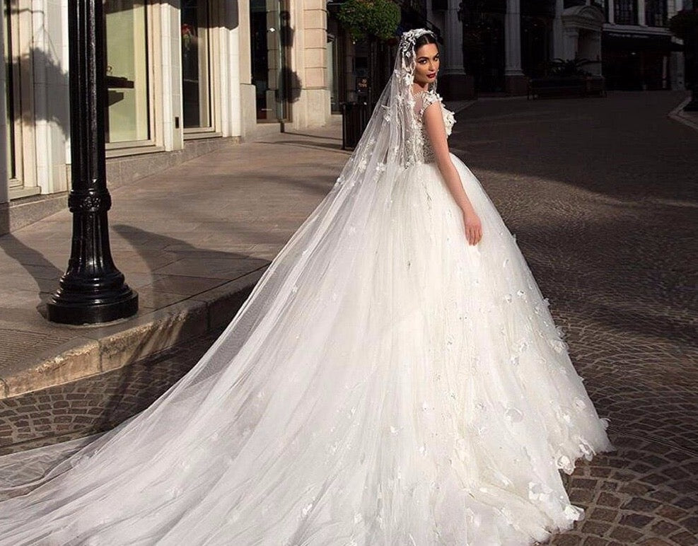 Flowers Ball Gown Wedding Dress With Picture Veil Suknia Slubna Buttons Up Back Full Pearls Body Tulle Dresses Robe De Mariage - LiveTrendsX
