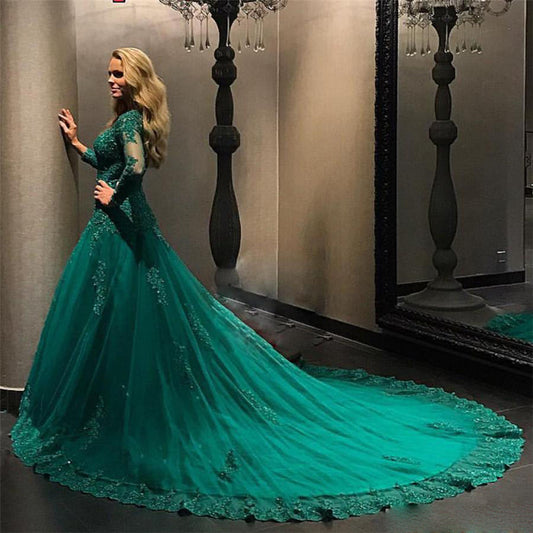 Prom Dress Gorgeous Custom Made abiye Ball Gown Long Dubai Evening Dress Full Sleeve Applique Pleat Formal Gowns - LiveTrendsX