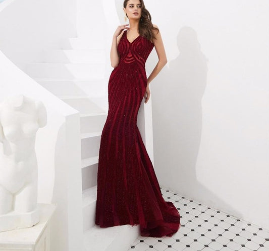 Dubai Wine Red Mermaid Luxury Evening Dresses 2020 Full Diamond V-Neck Formal Gowns - LiveTrendsX