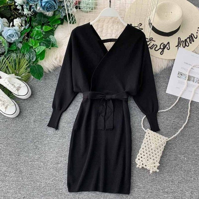 Elegant Batwing Sleeve V Neck Knitted White Dress Autumn Winter Vintage Women Dress Sash Ladies Office Dress - LiveTrendsX