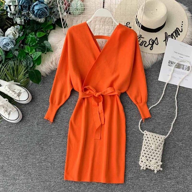 Elegant Batwing Sleeve V Neck Knitted White Dress Autumn Winter Vintage Women Dress Sash Ladies Office Dress - LiveTrendsX