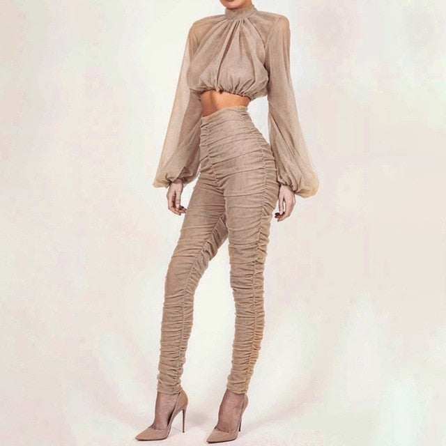 Two Piece Sets Female Turtleneck Puff Long Sleeve Crop Tops High Waist Pencil Pants Womens Suits 2020 Spring New - LiveTrendsX