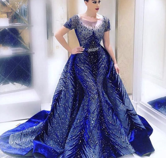 Muslim Luxury Navy Blue Evening Dresses 2020 Long Sleeves  Mermaid Dress With Skirt Sexy Formal Dress - LiveTrendsX