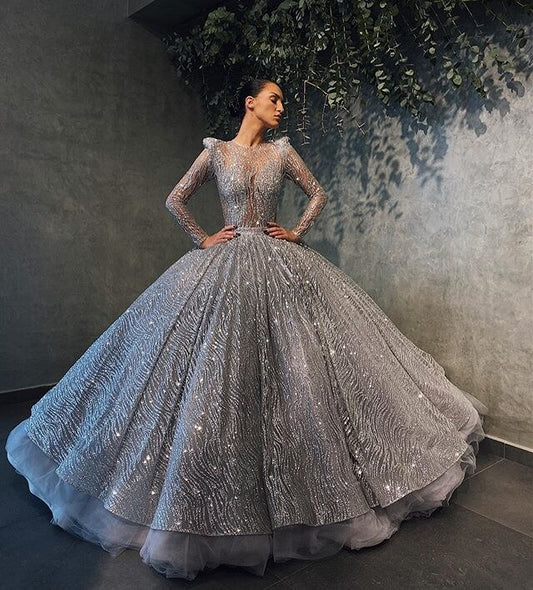 2020 Sparkly Bling Silver Lace Ball Gown Prom Dresses Long Sleeves Illusion Fluffy Lady Evening Gowns Dubai Arabic Luxurious - LiveTrendsX