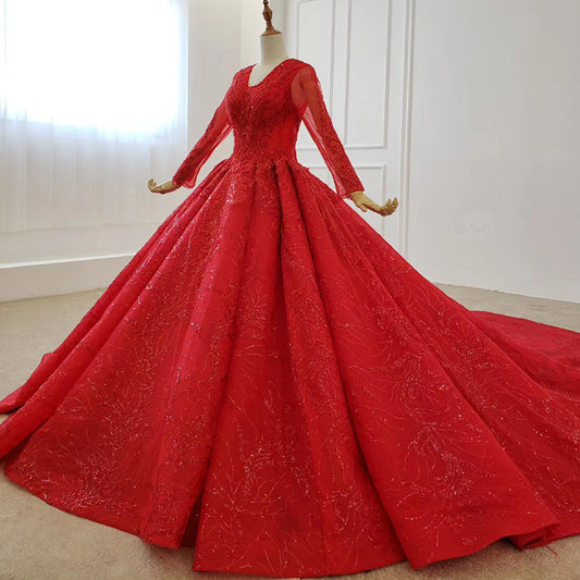 red evening dress long sleeve applique beading sequin lace up back ball gown plus size evening dresses - LiveTrendsX