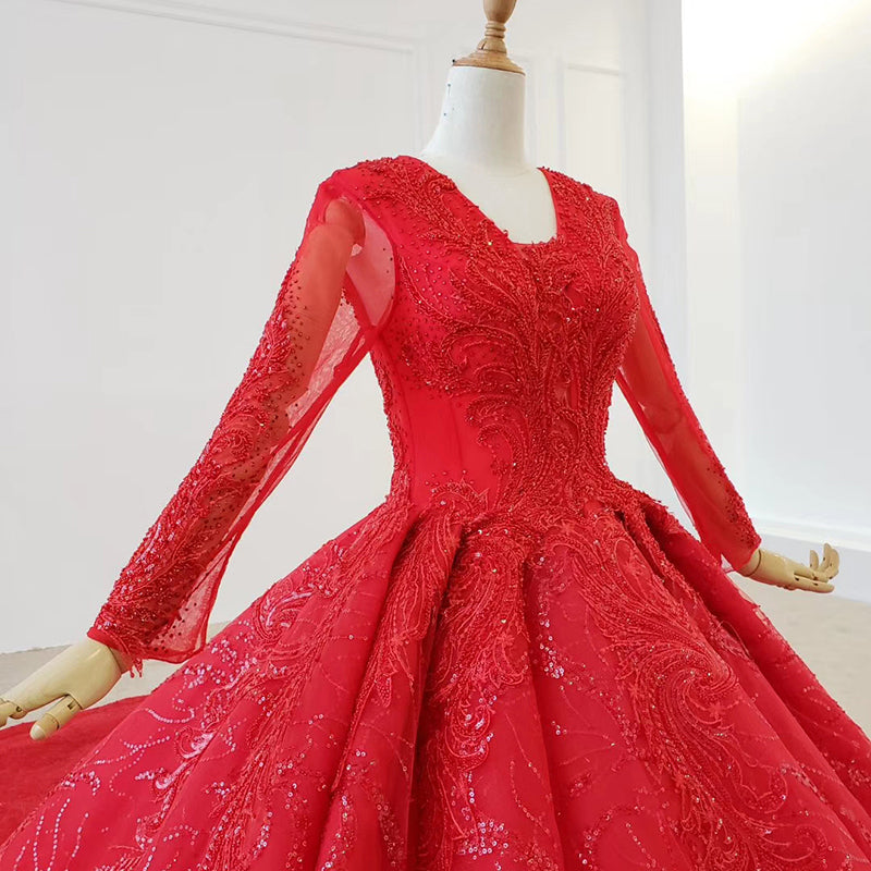 red evening dress long sleeve applique beading sequin lace up back ball gown plus size evening dresses - LiveTrendsX