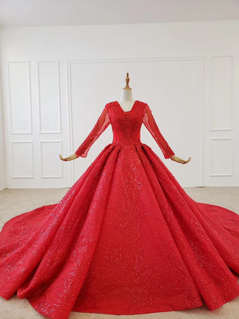 red evening dress long sleeve applique beading sequin lace up back ball gown plus size evening dresses - LiveTrendsX