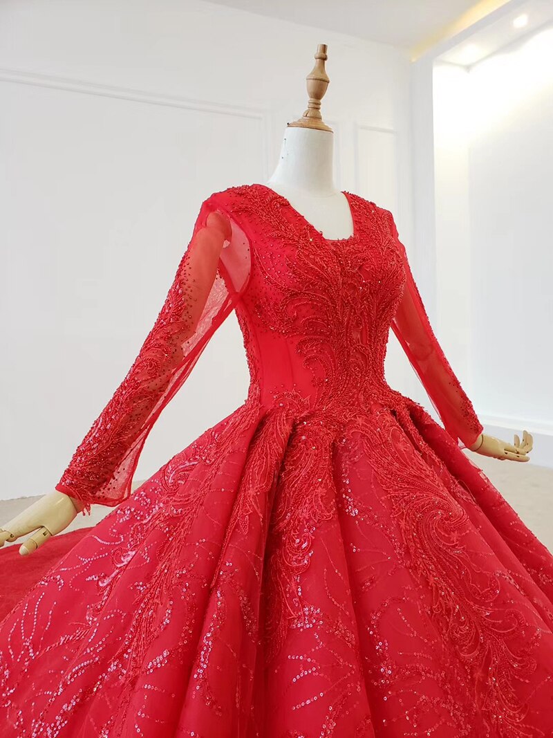 red evening dress long sleeve applique beading sequin lace up back ball gown plus size evening dresses - LiveTrendsX