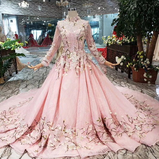 pink flowers evening dresses high neck long tulle sleeves lace up back muslim girls pageant party dresses custom size - LiveTrendsX