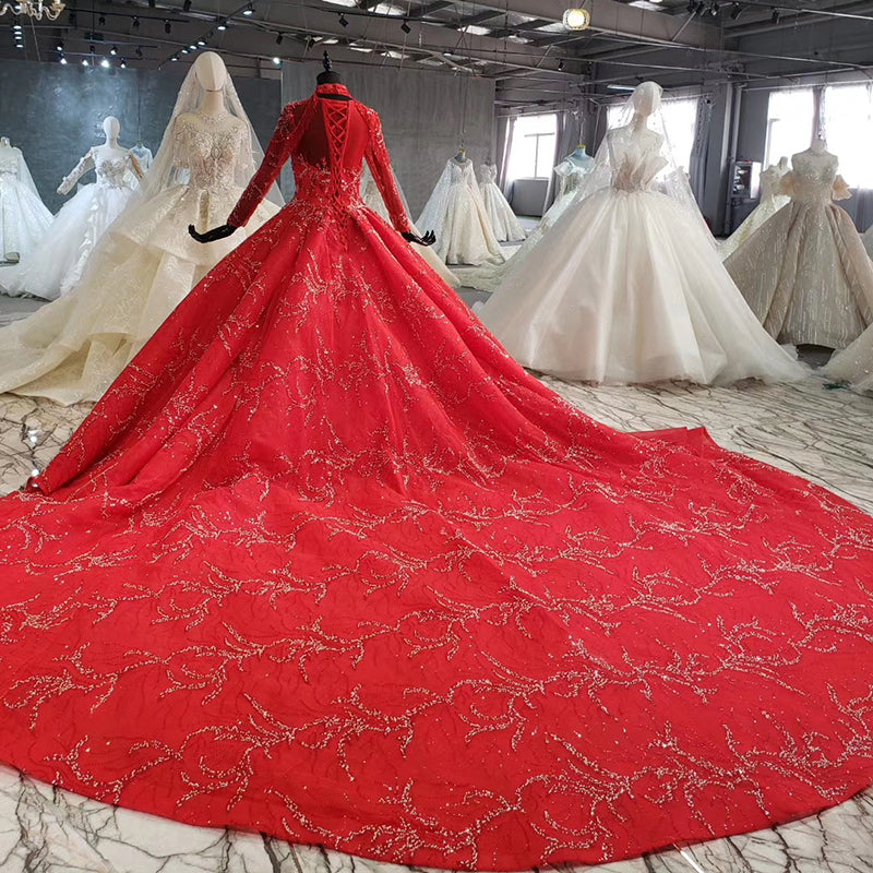 muslim wedding dress red tassel high neck lace up back long sleeve lace wedding gown luxury - LiveTrendsX