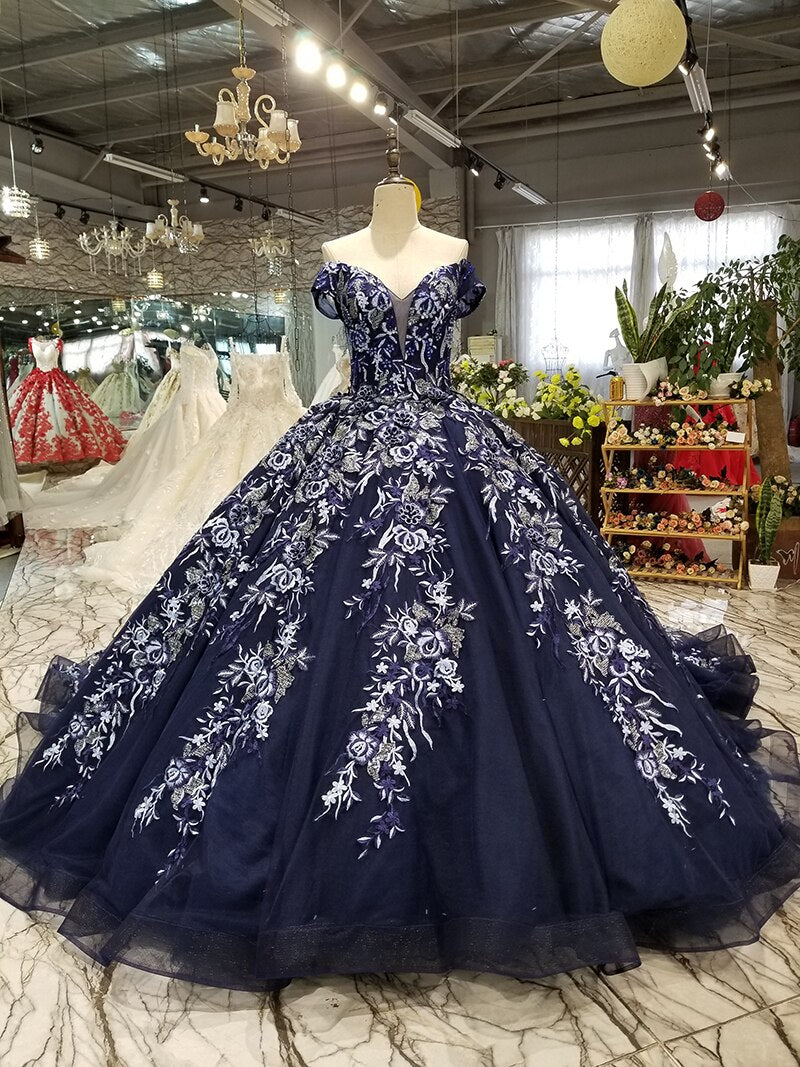 navy blue evening dress off shoulder sweetheart lace up ball gown dress for sexy mothers floor length or with long train - LiveTrendsX