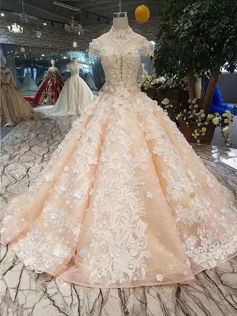 girls ball gown evening dresses floor length color flowers high neck cap sleeve lace up back prom dresses curve shape - LiveTrendsX