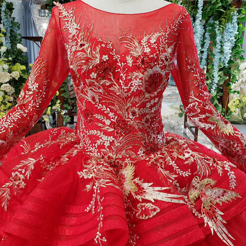 muslim wedding dresses with long sleeves appliques o-neck red wedding gown with tail ball gown lace up back vestido festa - LiveTrendsX