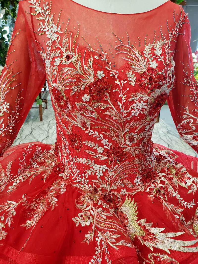 muslim wedding dresses with long sleeves appliques o-neck red wedding gown with tail ball gown lace up back vestido festa - LiveTrendsX