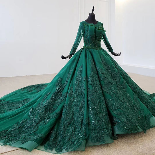 green evening dress long muslim women long sleeve special o-neck formal dress with veil color bridal dress - LiveTrendsX