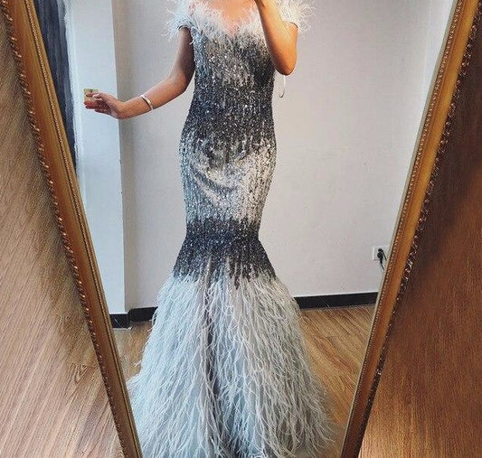 Dubai Design Grey Luxury Sexy Evening Dresses Crystal Feathers Off Shoulder Formal Dress 2020 - LiveTrendsX