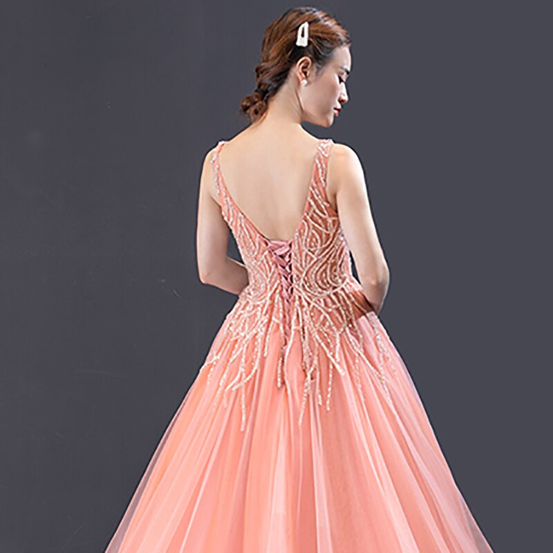 sexy evening dress long plus size o neck sleeveless lace up back pink formal dress for teenagers ruffle - LiveTrendsX