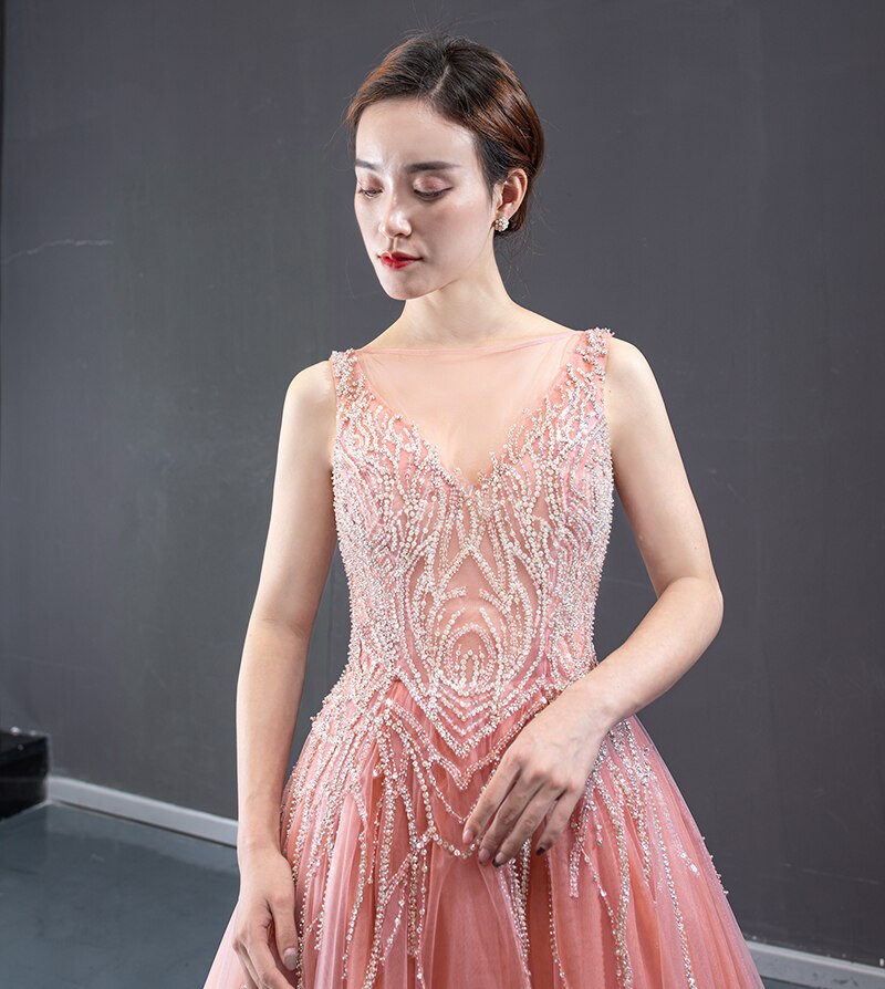 sexy evening dress long plus size o neck sleeveless lace up back pink formal dress for teenagers ruffle - LiveTrendsX