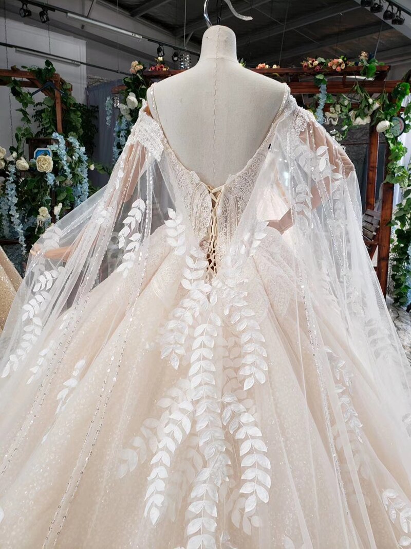 ball gown bride dresses with cape champagne pattern spaghetti straps wedding dress gown with shawl свадебное платье 2020 - LiveTrendsX