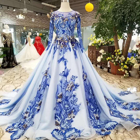 blue mothers of brides dresses O-neck long tulle sleeves a-line color muslim evening dress - LiveTrendsX