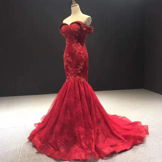 new mermaid dress in Evening Dresses sweetheart off the shoulder appliques lace red carpet dresses - LiveTrendsX