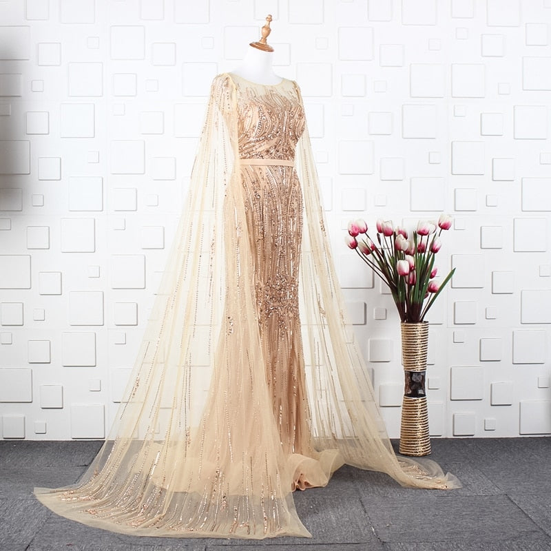 dubai mermaid gown detachable sleeve shawl o-neck zipper back gold dress long mermaid bead robe de soiree - LiveTrendsX