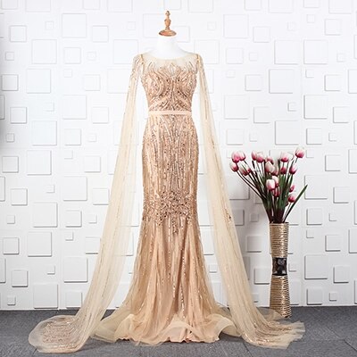 dubai mermaid gown detachable sleeve shawl o-neck zipper back gold dress long mermaid bead robe de soiree - LiveTrendsX