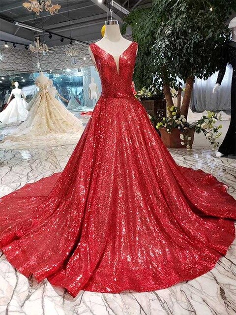 red reflective dress A-line shiny evening dresses sexy v-neck v-back sleeves wedding party dresses sparkly robe de soiree - LiveTrendsX